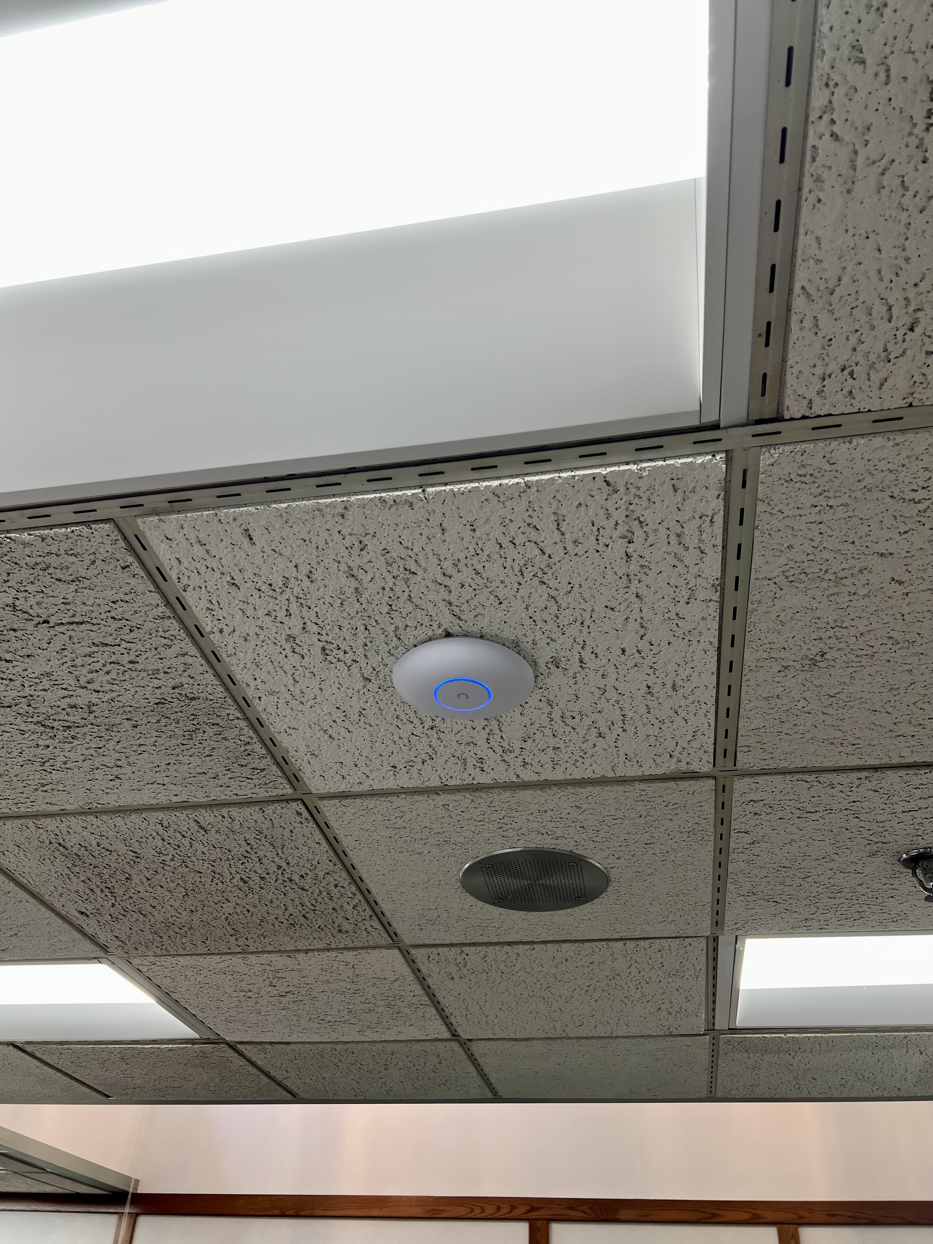 UniFi access point installed flush in commercial drop ceiling
