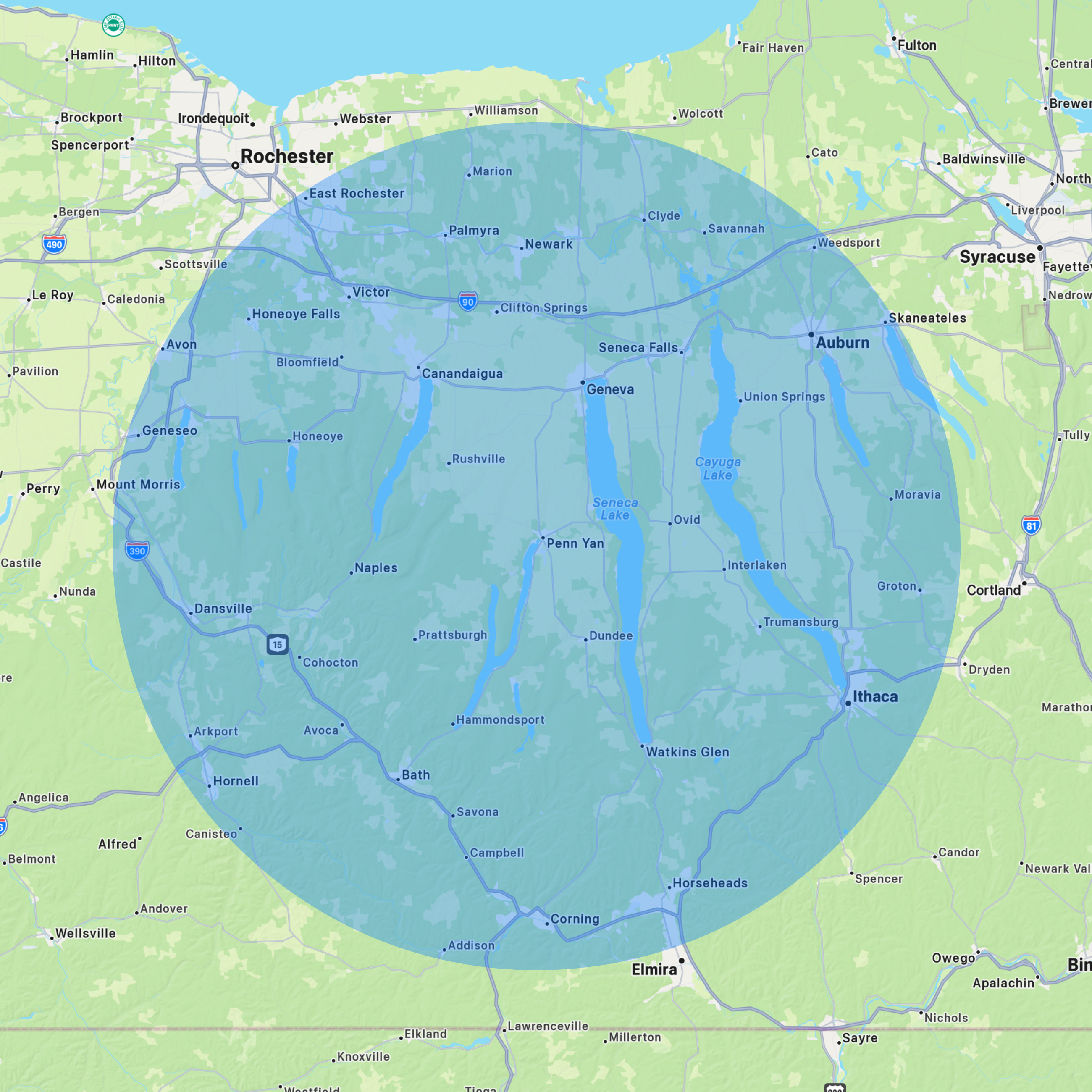 Slade Networks service area map covering the Finger Lakes and surrounding Upstate NY region
